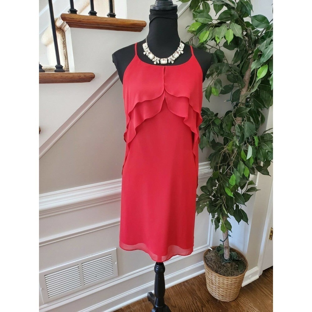 BCBGeneration Women Red‎ Polyester Ruffle Sleeveless Strappy Knee Length Dress L
